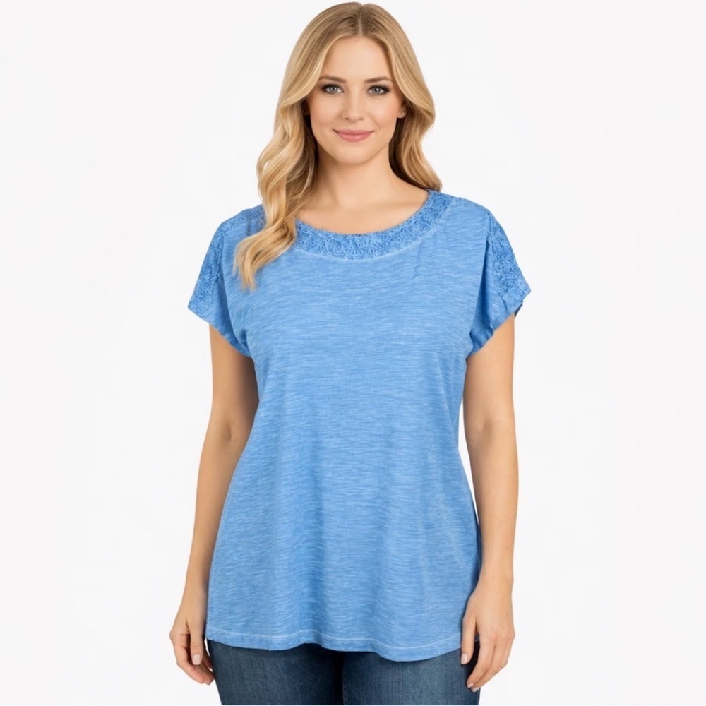 Chicos Burnout Acid Wash Blue Top Dolman Short Sleeves Beachy Cottage Size XL 3